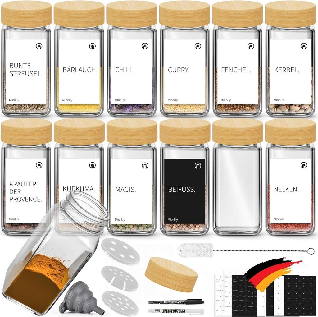 Kräuterbehälter mit Bambusdeckel und Streueinsatz - Set von 12 Stück, Multifunktional und Umweltfreundlich