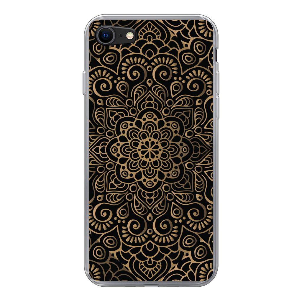 MuchoWow Handyhülle Schutzhülle Hülle für iPhone SE 2020 Goldenes Muster auf schwarzem Hintergrund Silikon Softcase Handy Hülle - Kartenbesi...