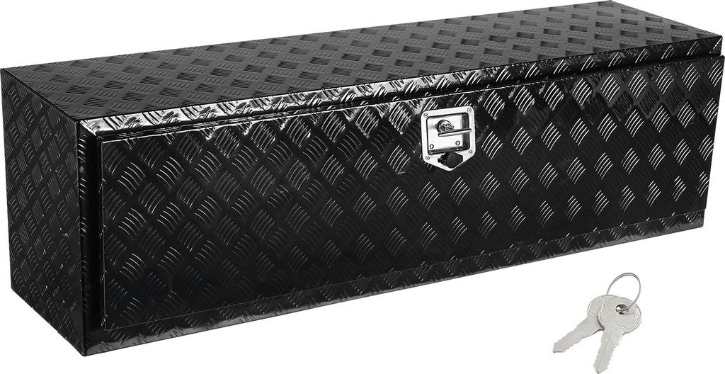 A black aluminum toolbox with a diamond plate pattern, shown with two keys.