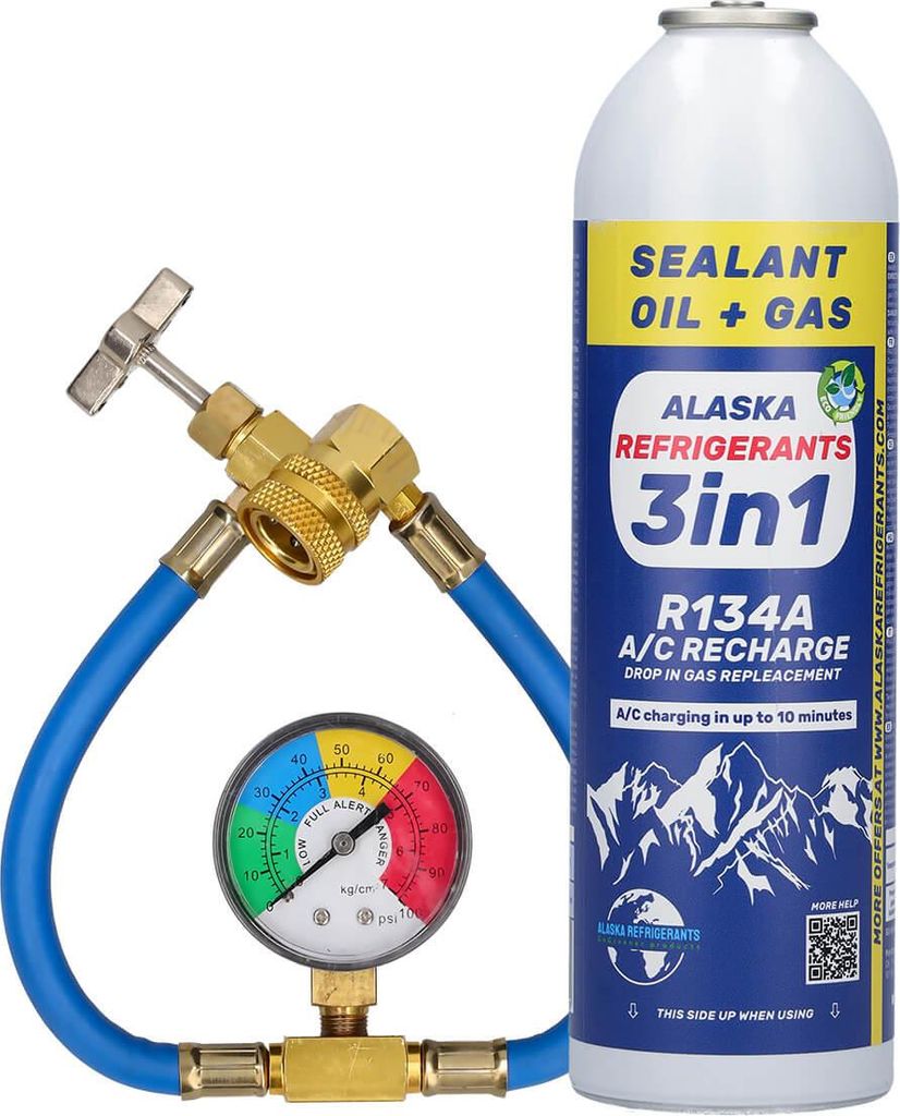 3in1 Alaska Refrigerants R134a Ersatzkältemittel, PAG 100 Öl, Dichtmittel + Schlauch & Manometer