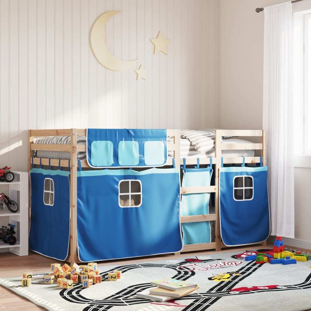 "im Sonderangebot"Etagenbett/Bettrahmen - CLORIS - Einzelbett - Kinderbett mit Vorhängen Blau 90x200 cm - Einfache Montage - Massivholz Kiefer - N...