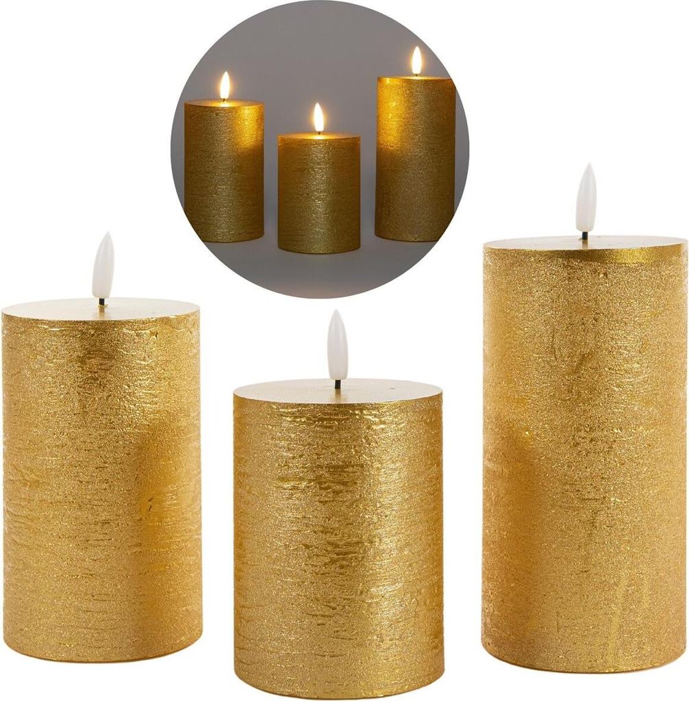 3er Set Led Kerzen 7,5cm ø Kerze flackernde Flamme mit Fernbedingung GOLD 15 cm + 12,5 cm + 10 cm Höhe, LED Kerzen mit Timerfunktion, 3 AAA Batte...