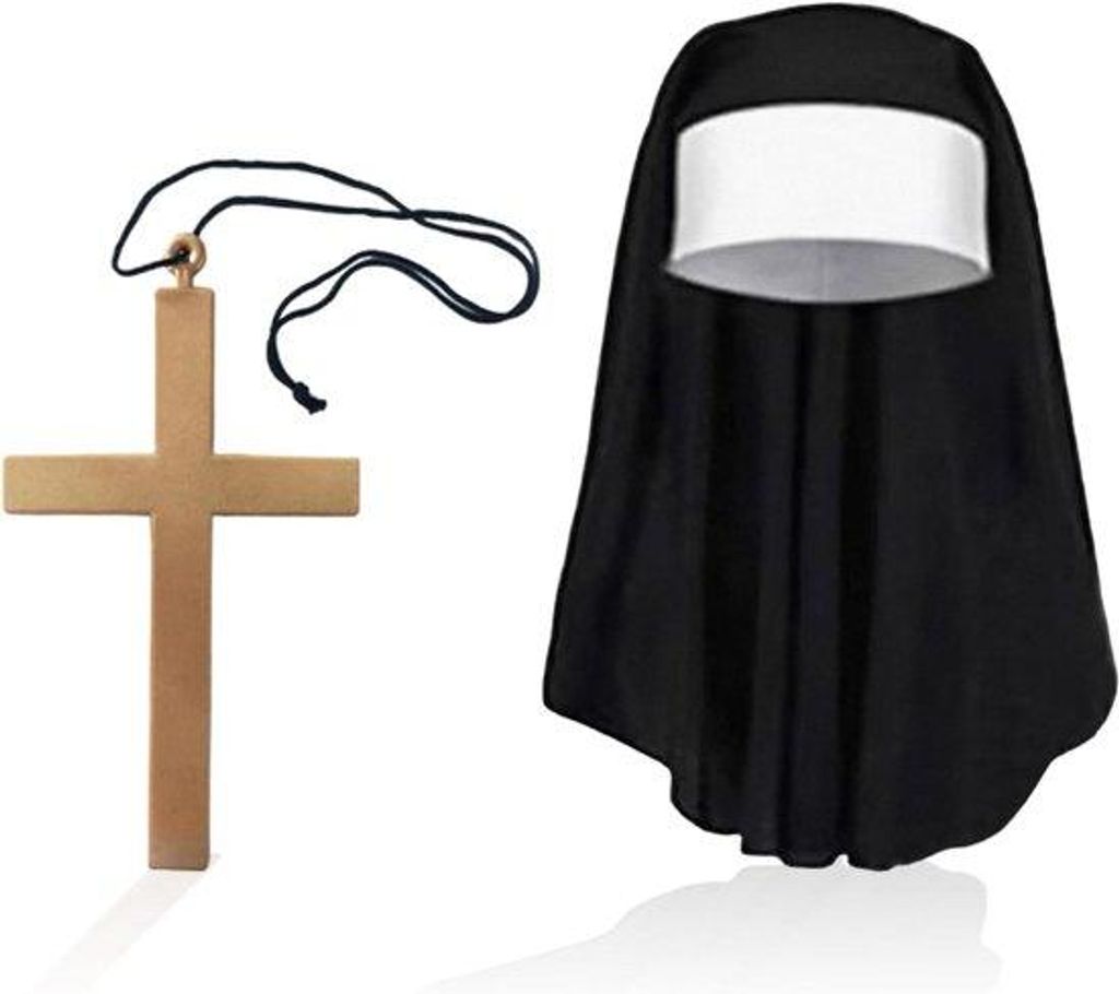 Schwarze Nonnen-Kostüme für Frauen, inkl. Kopfbedeckung und Kreuzkette, religiöse Anfertigung, zwei Stück, für Halloween
