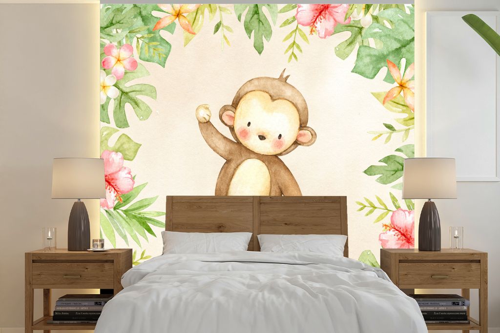 MuchoWow Fototapete für Wohnzimmer oder Schlafzimmer Wandtapete Vinyl Motivtapete Dschungel - Affe - Aquarell - 280x280 cm - Hintergrundbild