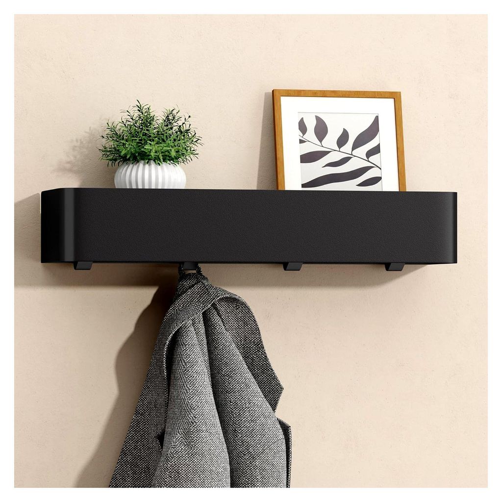 Wandgarderobe mit Ablage, Garderobenleiste 40 cm und 4 Garderobenhaken, Kleiderhaken ohne Bohren, für Flur, Bad, Küche, Sandschwarz