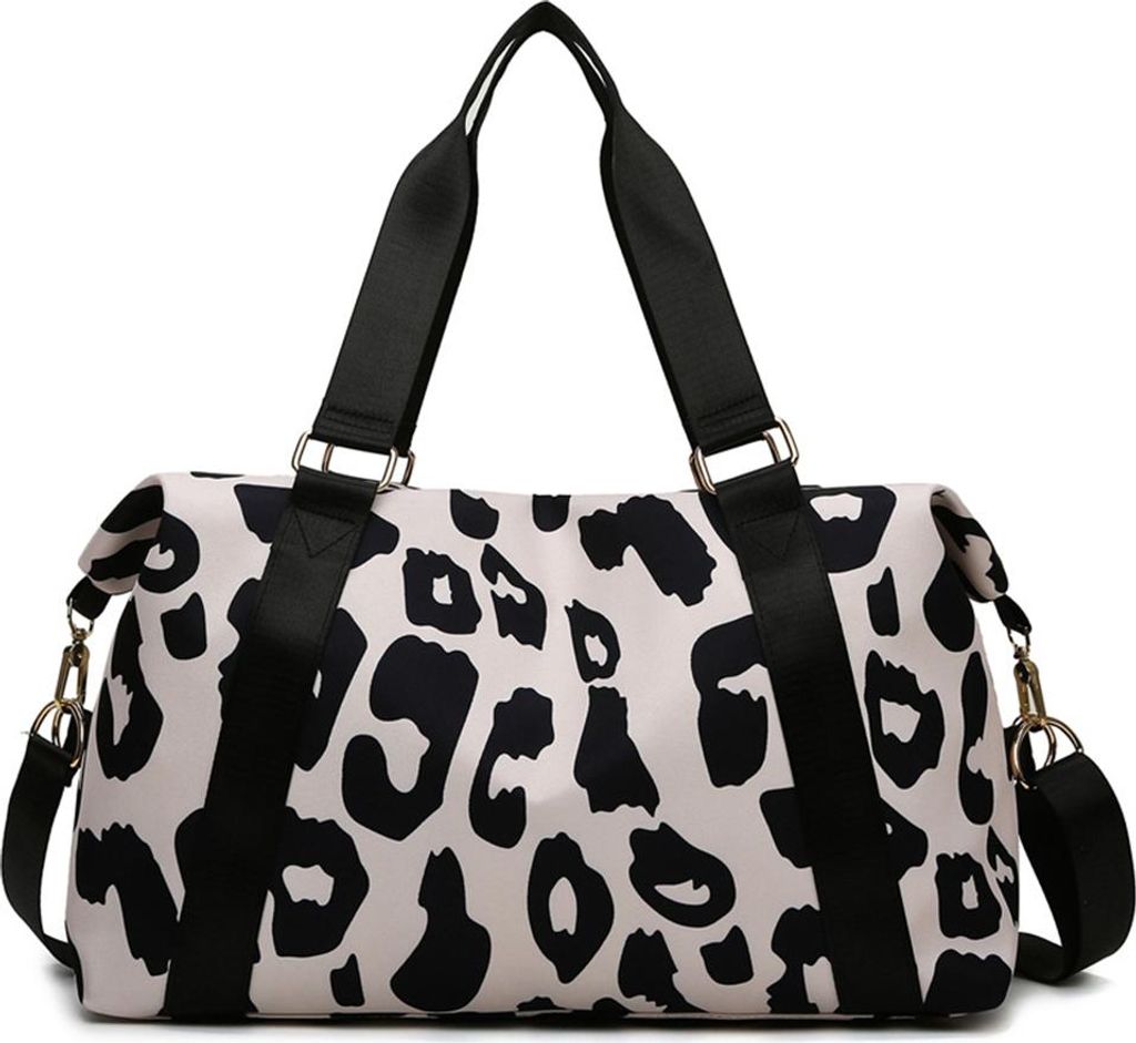 A leopard print duffel bag with black straps and gold hardware, shown against a white background.