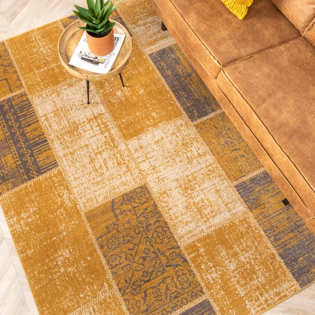 Tapis Volero Spring style patchwork résistant ocre et taupe 80x150 cm