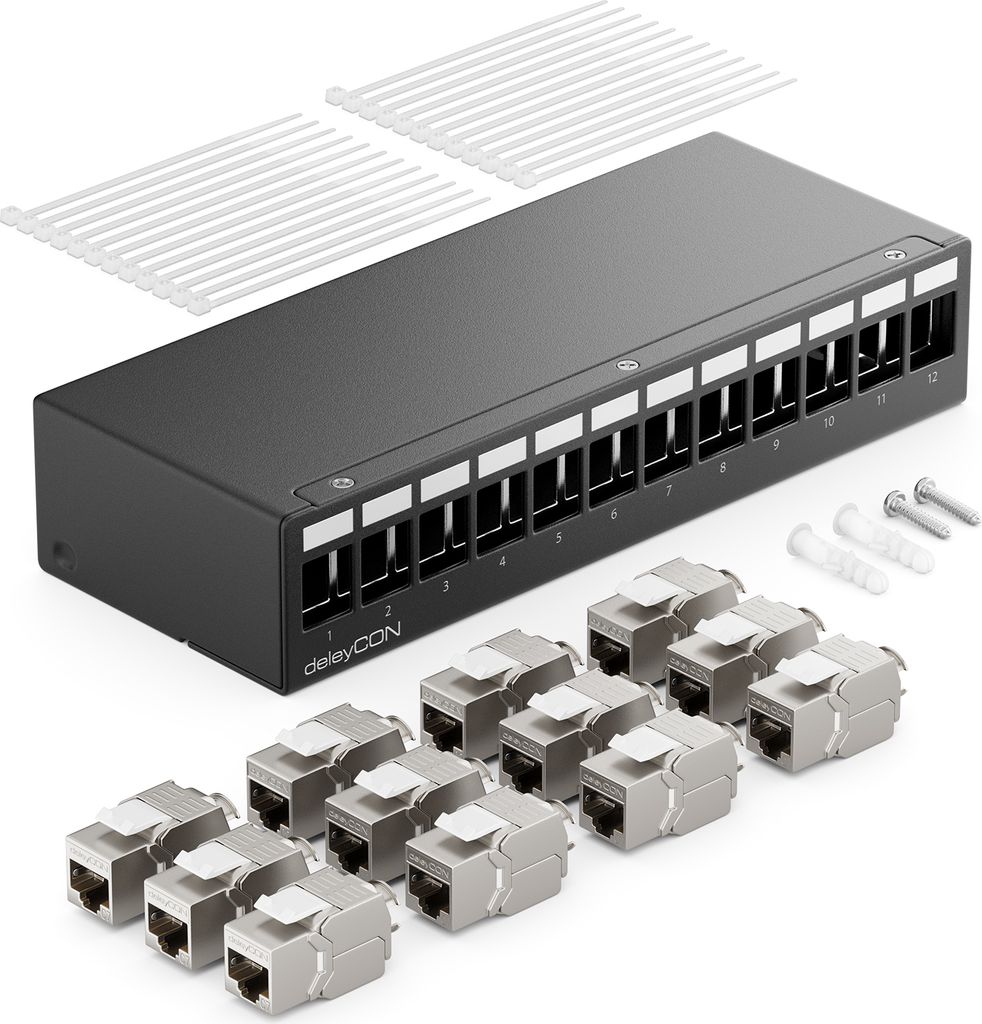 deleyCON 12 Port CAT7 Patchpanel Set mit 12x CAT.7 RJ45 Keystone Jack Modul STP 10 Gbit/s - Verteilerfeld Kompatibel mit Verlegekabel CAT6 CAT6a CA...