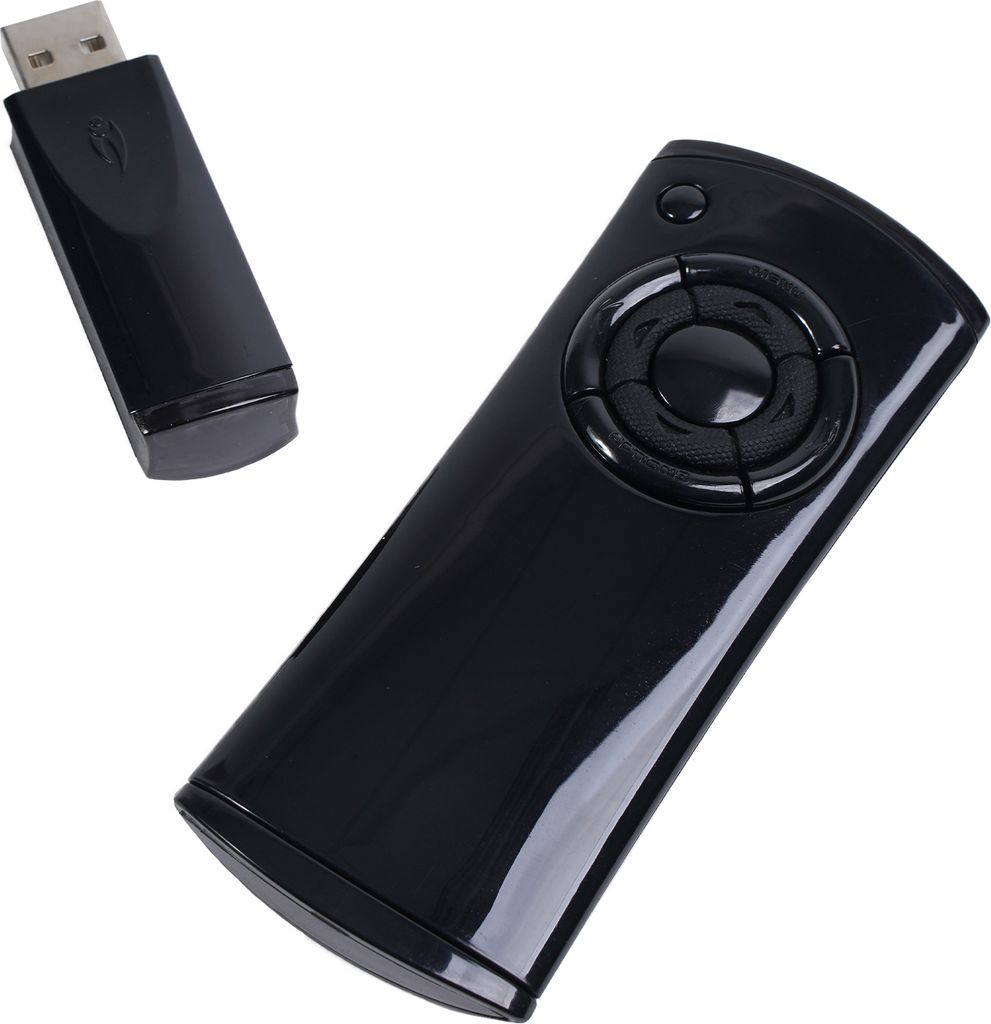 A black media remote and its USB receiver are shown against a white background.