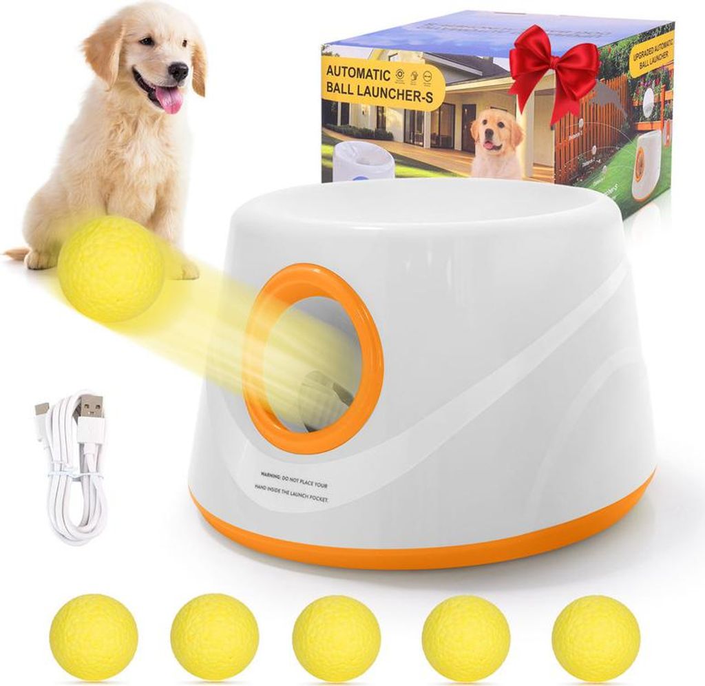 (Orange)Automatischer Ballwerfer für Hunde, Interaktive Ballwurfmaschine mit 5 Bällen & einstellbarer Wurfweite (6m/10m/14m), Hundespielzeug ...