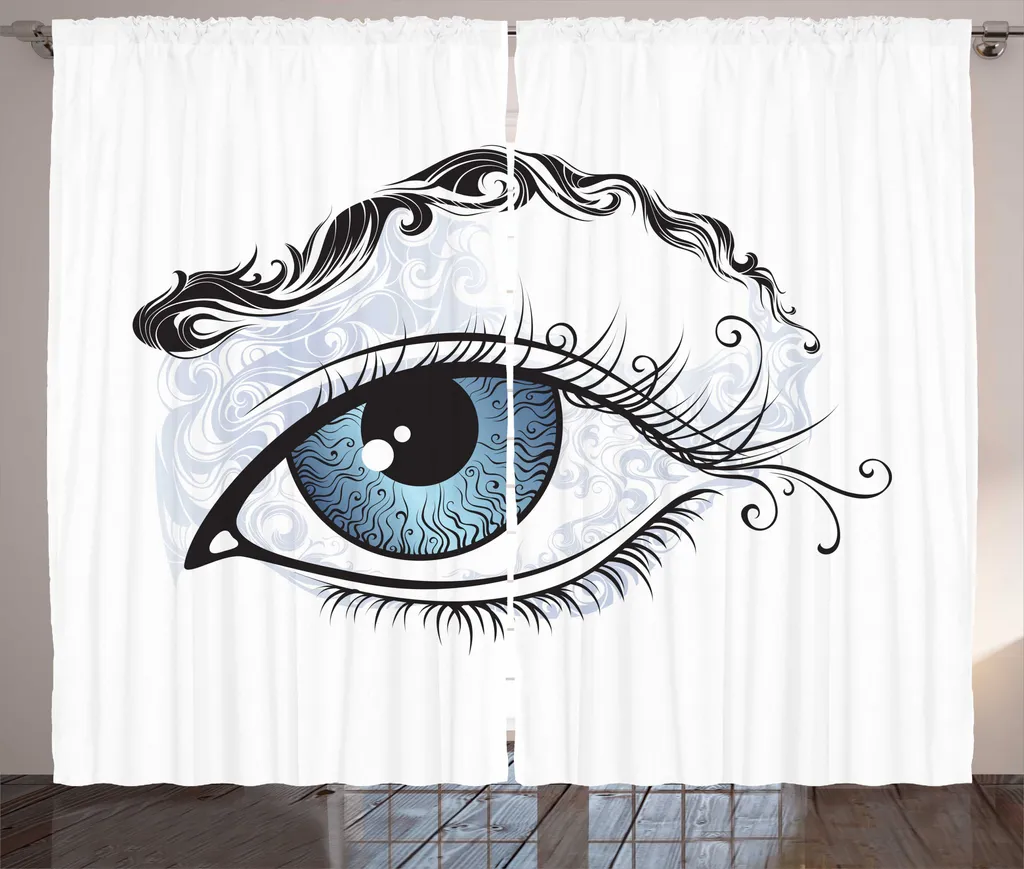 Grand rideau rustique blanc motif œil avec crochets 280x225 cm déco