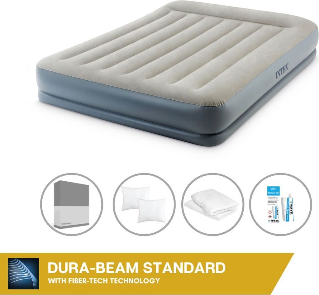 Intex Luftbett - 2 Personen - 152 x 203 x 30 cm - Grau - Mit eingebauter Pumpe, Spannbettlaken Anthrazit, Kopfkissen, Molton 2 in 1 Kissenbezüge e...