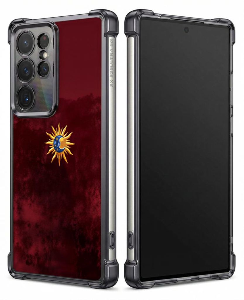 Personalisierte Hülle mit Bild für Samsung Galaxy S25 Edge Elektroplattiert TPU Stoßdämpfer Handyhülle mit Roter Hintergrund mit Sonnenemblem