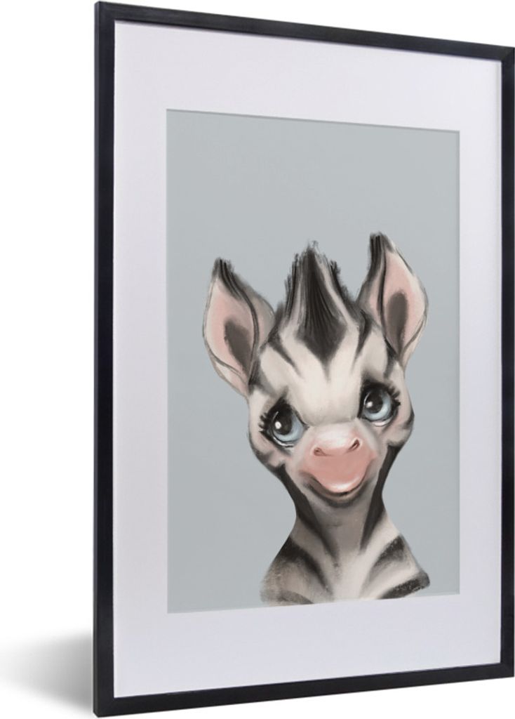 MuchoWow Gerahmtes Poster Zebra - Kind - Grau 40x60 cm - Poster mit Schwarzem Bilderrahmen Wandposter Rahmen Foto Bilder - Poster in Rahmen