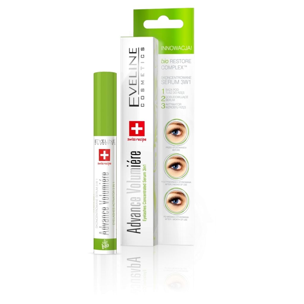 Eveline Cosmetics Advance Volumiere 3in1 Konzentriertes Wimpernserum, 80 ml - Intensivpflege für vollere, längere Wimpern (8x10 ml)