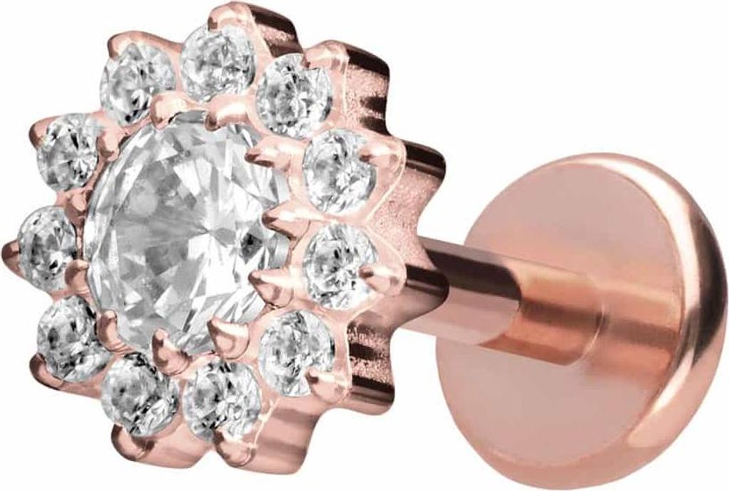 Ohrpiercing, Nasenpiercing Titan Labret mit Push Fit KRISTALLBLUME RoséGold Stablänge: 6mm | Stabstärke: 1mm