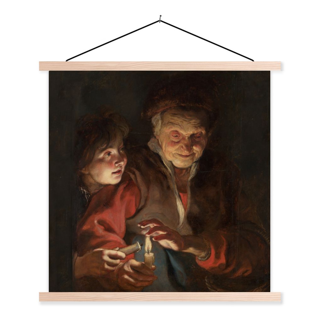 MuchoWow Textilposter Alte Frau und Junge mit Kerzen - Gemälde von Peter Paul Rubens 120x120 cm mit holzfarbenen Rahmen - Textil-Poster
