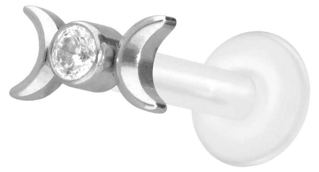 Ohrpiercing, Nasenpiercing PTFE Labret mit Innengewinde + Titan-Aufsatz 2 MONDE + KRISTALL Silber Stablänge: 8mm | Stabstärke: 1,6mm