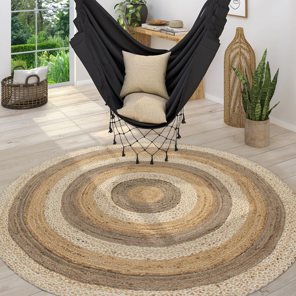 Teppich Rund Wohnzimmer Jute Boho Ethno Muster Modern Handgefertigt Naturteppich Grösse 200 cm Rund