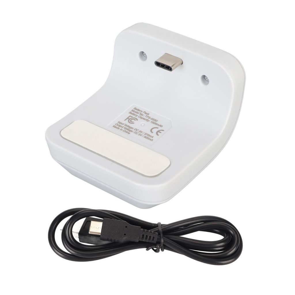 A white charging dock and a black USB-C cable are shown against a white background.