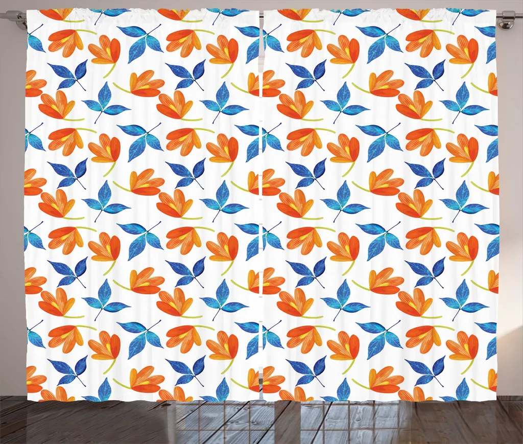 Rideau Salon Rustique 280x225 cm Orange et Bleu - Déco Feuille Moderne