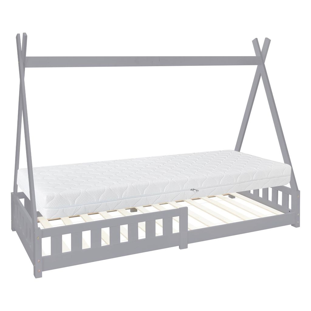 ML-Design Kinderbett Tipi 90x200 cm mit Matratze, Rausfallschutz und Lattenrost, aus Kiefernholz, Hellgrau, Hausbett mit Zaun Bodenbett Holzbett