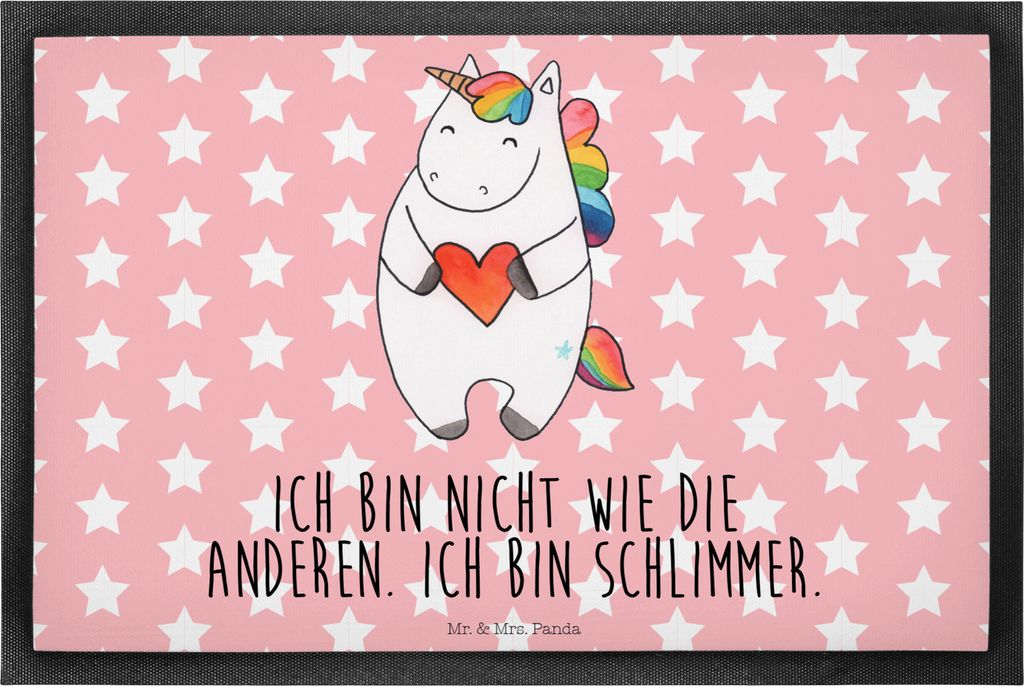 Mr. & Mrs. Panda Schmutzfangmatte Einhorn Herz 40 x 60 cm - Rot Pastell - Geschenk, fußmatte, Freundin, Schmutzfänger, Einhörner, böse, Bodenvo...