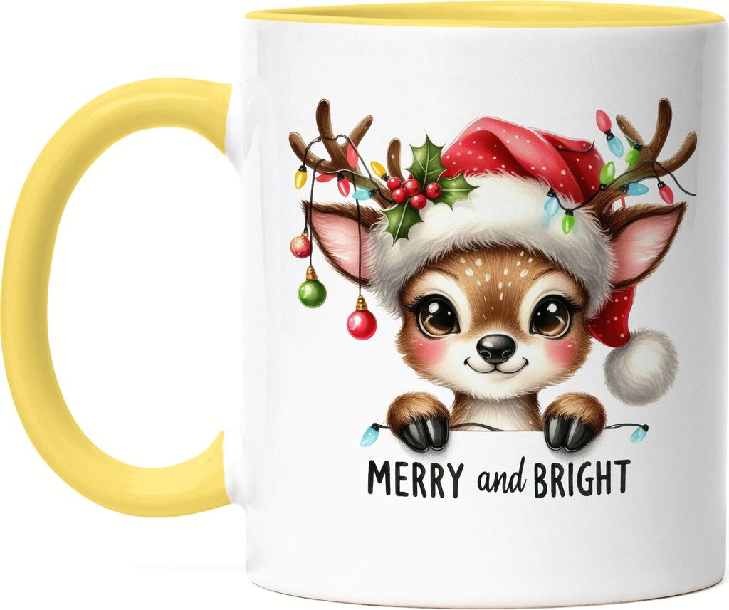 Merry and Bright Lustiges Rentiermotiv Tasse Gelb Geschenkidee witziges Design Weihnachten