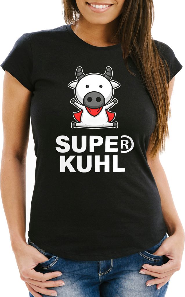 Damen T-Shirt Super Kuhl Kuh Slim Fit Moonworks schwarz XL