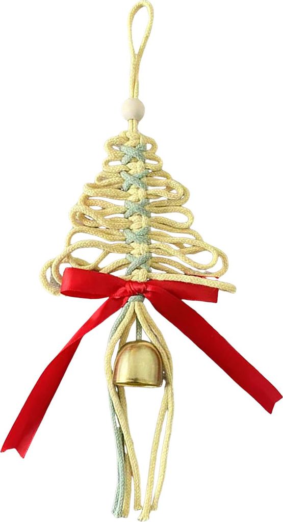 Handgewebter Christbaumschmuck, rustikales Kunsthandwerk in Weihnachtsbaumform mit goldener Kuhglocke und roter Schleife für die Winter- und Neuja...