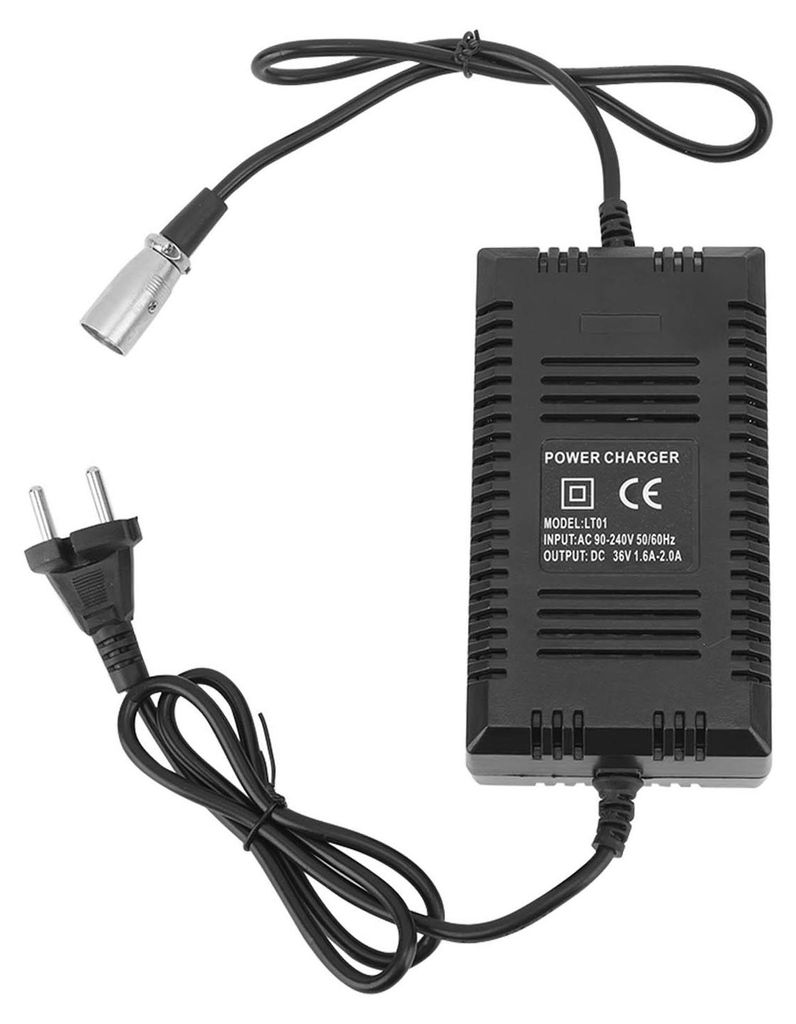 A black power charger with cables and plugs.