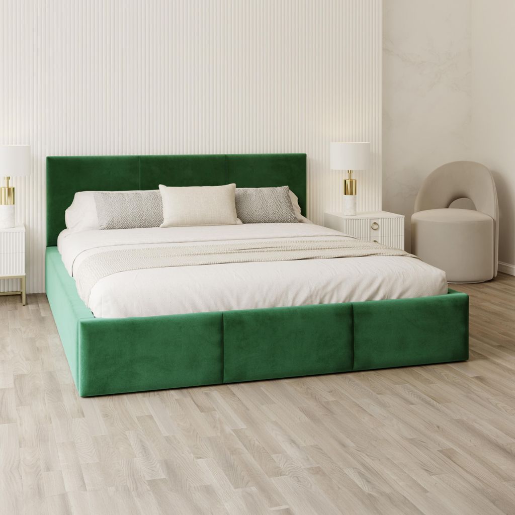 FDM Bett AMBER Trinity 120x200 cm Polsterbett mit Lattenrost aus Metall Bettkasten Stauraumbett Samt grün