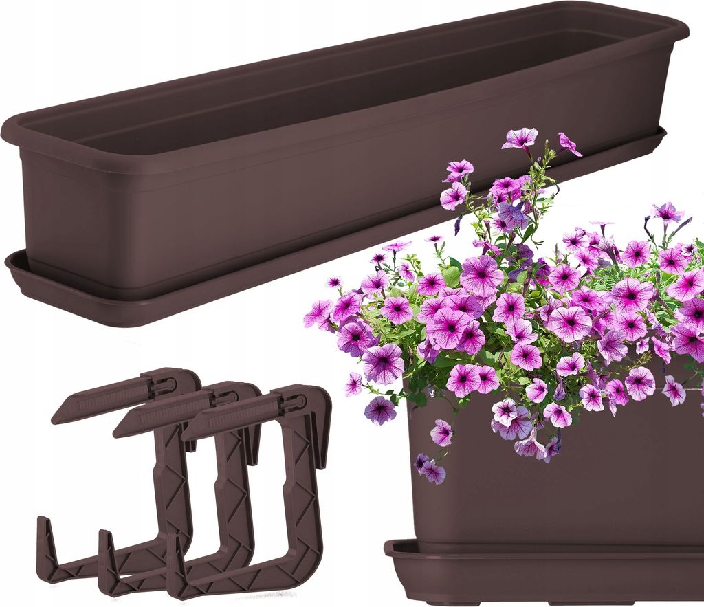 KADAX Blumenkasten mit Untersatz und Balkonkastenhalterung "Evron", aus Kunststoff, Blumentopf für Balkon, 80 cm, Braun