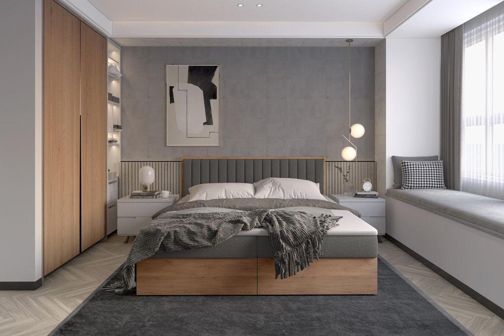 Funktionsbett 200x200 cm mit Stauraum – Polsterbett mit Bettkasten – Holzbett mit Kopfteil – Boxbett in Eiche-Optik – Modernes Bett 200x200...