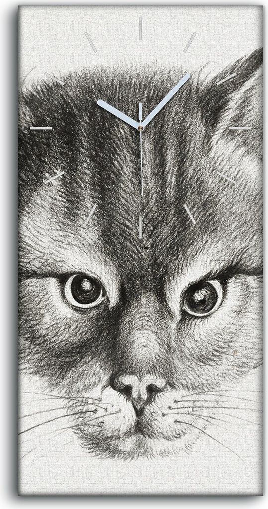 Wohnzimmer-Bild Leinwand Uhr Geräuschlos 30x60 Zeichnung Tier Katze Kunst - weiße Hände