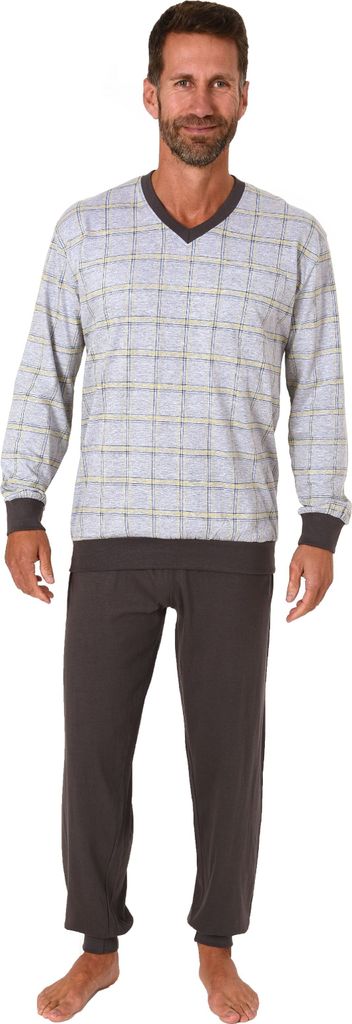 Herren Schlafanzug langarm Pyjama mit Bündchen und karierten Oberteil - 122 101 90 445 ; grau-melange , 52
