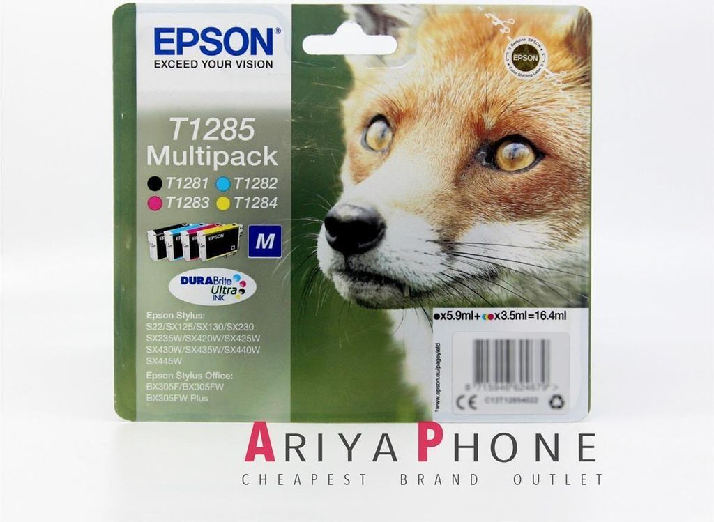 Packaging for Epson T1285 multipack ink cartridges featuring a fox image.