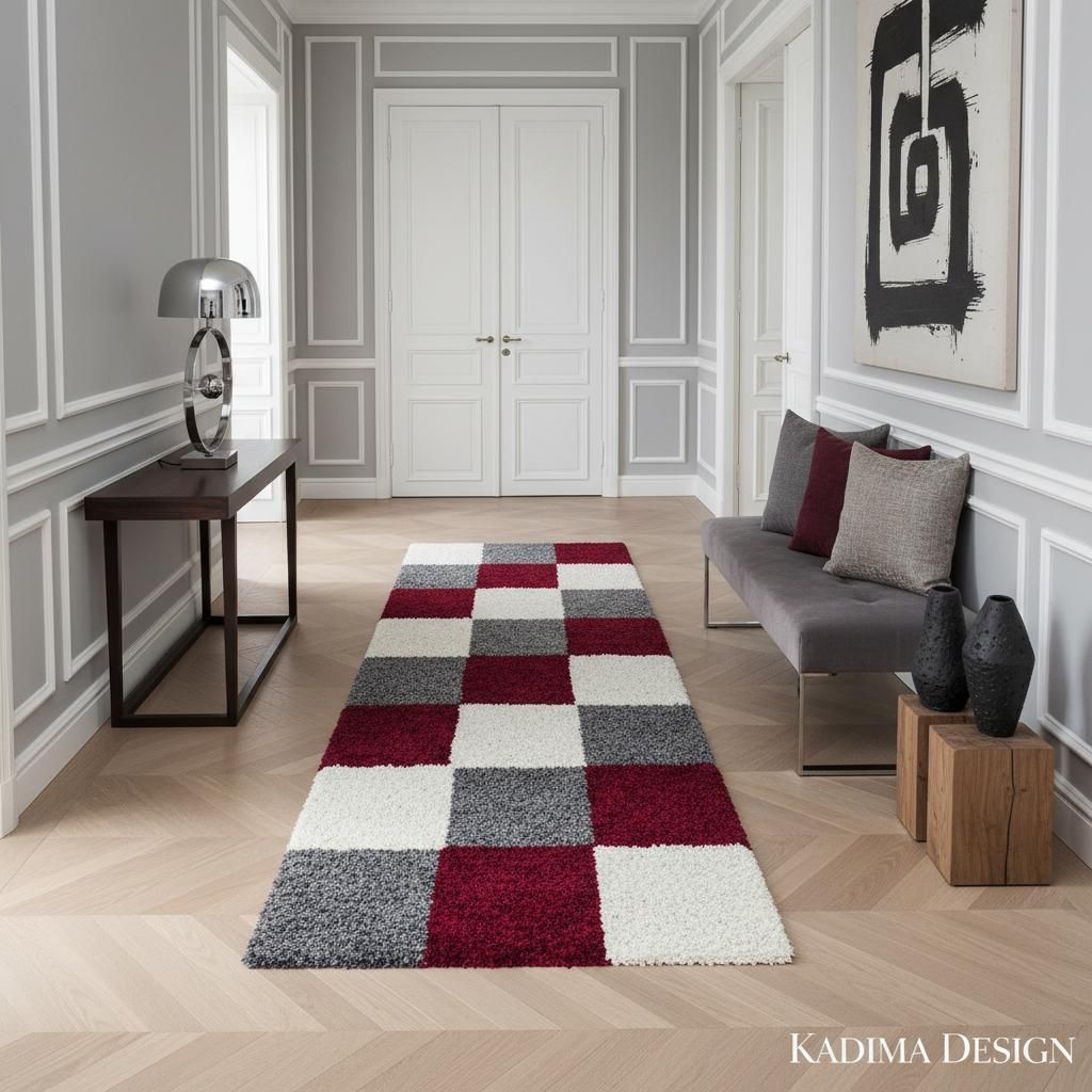 Langflorteppich Karomuster Flauschig Waschbar Strapazierfähig | Läufer Rot 80x250 cm Esszimmer Schadstoff Gekettelt | RHEIN – Kadima Design