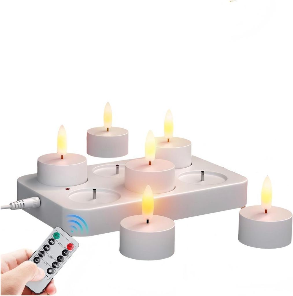 Set mit 6 wiederaufladbaren LED-Teelichtern mit flackernder Flamme, Ladestation und Fernbedienung, Dekoration für Weihnachten, Geburtstag, Hochzei...