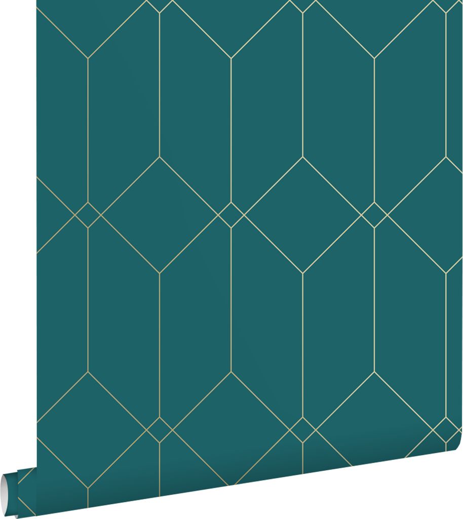 ESTAhome Tapete Art Decó Muster Gold, Grün und Blau 53 cm x 10.05 m