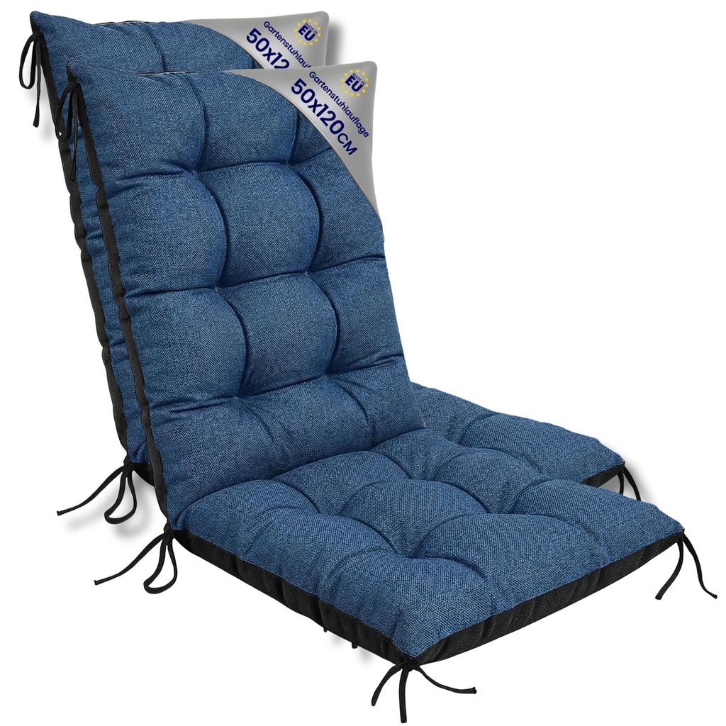 Gartenstuhl Hochlehner Auflagen Set 2x 50x120 cm Jeansfarbe Öko-Leinen – Sitzauflagen Gartenstuhl