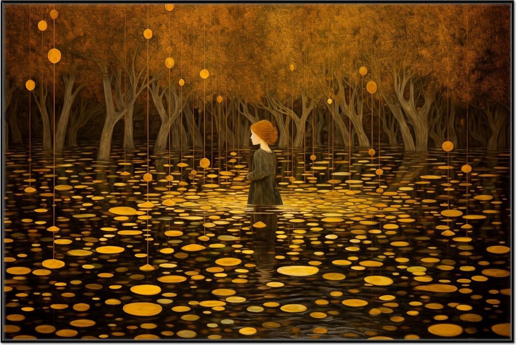 Wallario Wandbild Goldener Wald, Größe: 61 x 91,50 cm, Poster mit schwarzem Aluminiumrahmen