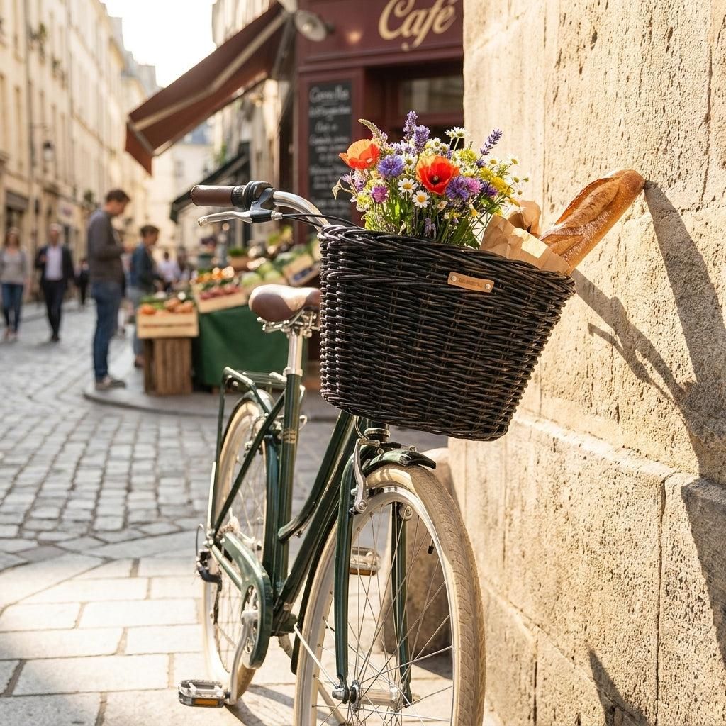 Basil Darcy L, Vorderseite, Fahrradkorb, Rattan, Schwarz, Produktbild 