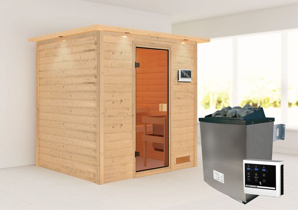 Karibu Sauna Innensauna Adelina Fronteinstieg Ofen 9 KW externe Strg easy 224x184x191 cm mit Dachkranz
