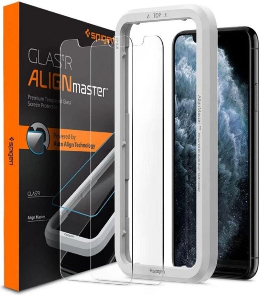 A product shot of a Spigen screen protector for an iPhone 11, including the packaging and an alignment tool.