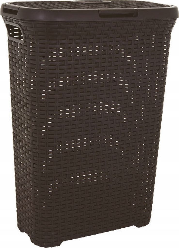 A brown laundry basket with a lid and handles, shown from a slightly angled front view against a white background.