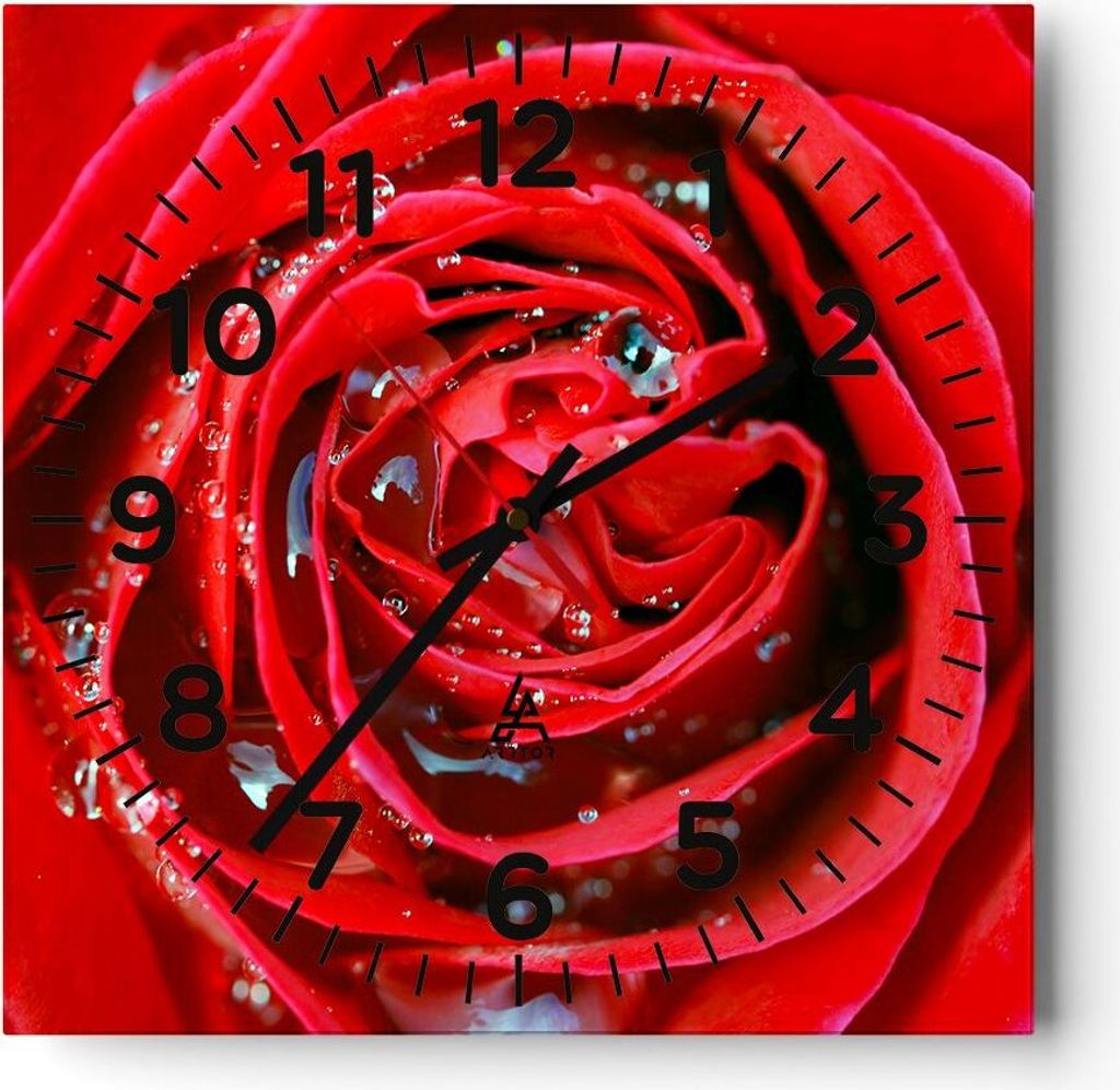 Wanduhr - Quadrat - Glasuhr - Rose Blume Blütenblätter Tau - 40x40cm - Schleichendes Uhrwerk - Lautlos - zum Aufhängen bereit - Dekoration Moder...