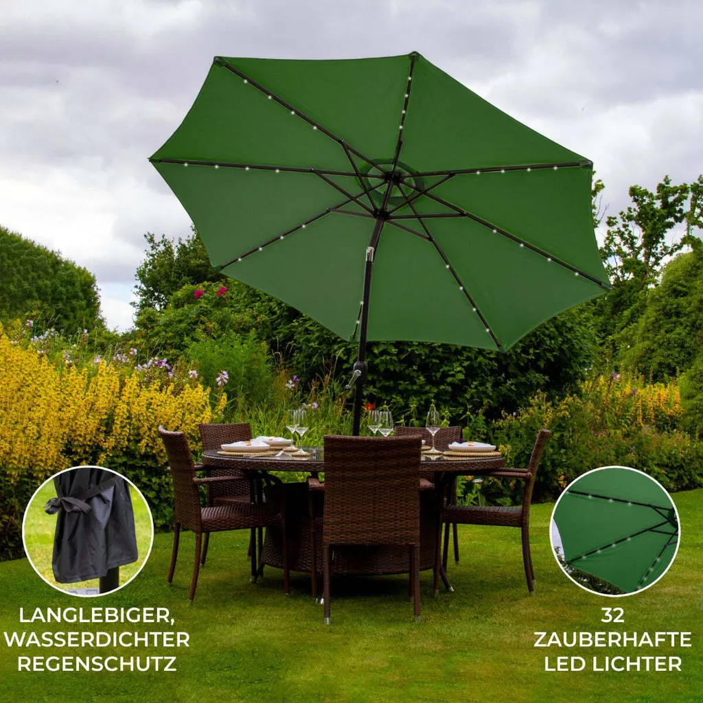 Parasol 2.7m Vert avec LED Intégrées et Fonction Bascule de Jardin