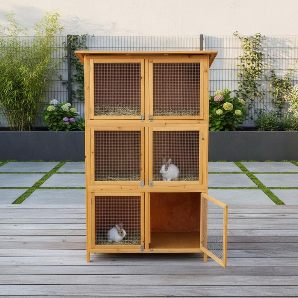 Kaninchenstall XXL 6 Boxen Holz Kleintierhaus mit Dach & Freigehege