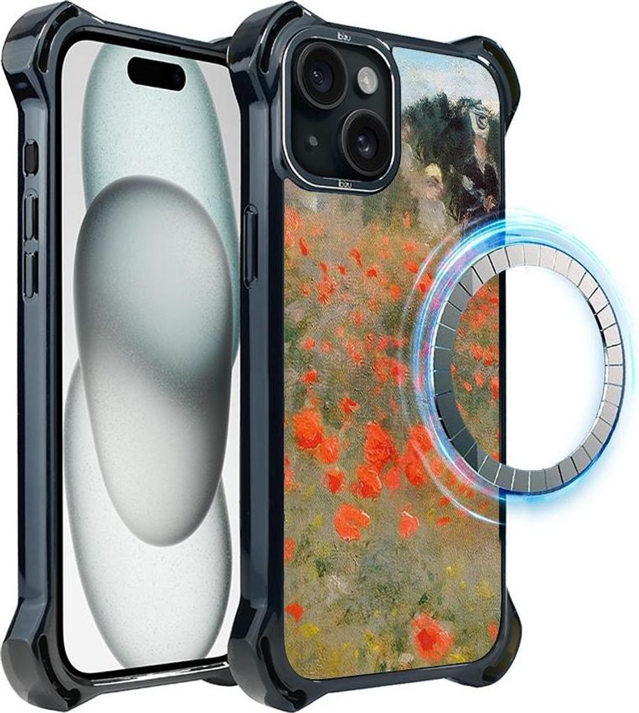 Schutzhülle für das iPhone 15 Plus, MagSafe-kompatibel, verstärkte Ecken, schwarz, Mohnblumen, Motiv eines Gemäldes von Claude Monet